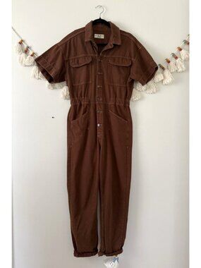 Free People Marci Coverall Utility Jumpsuit Relaxed Denim Brown Pinecone GardenM